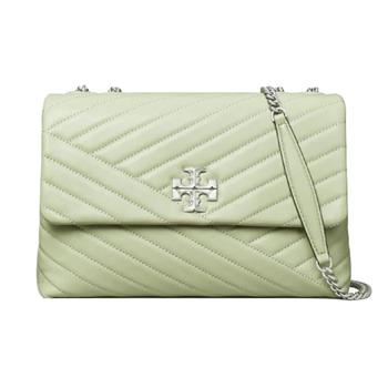 Tory burch 縫線皮革翻蓋斜背鍊包－淺綠松霜