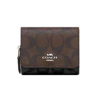 COACH 馬車LOGO撞色皮革短夾-咖黑