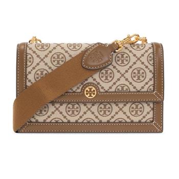 TORY BURCH 滿版LOGO提花拼接皮革斜背包－卡其駝