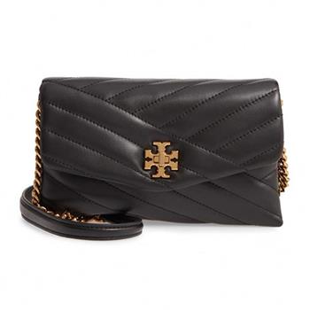 TORY BURCH 縫線斜紋皮革斜背鍊包－黑色