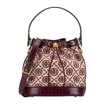 TORY BURCH 滿版LOGO拼接織布水桶包－暗紅色