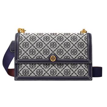 TORY BURCH 緹花拼接皮革斜背包－深藍