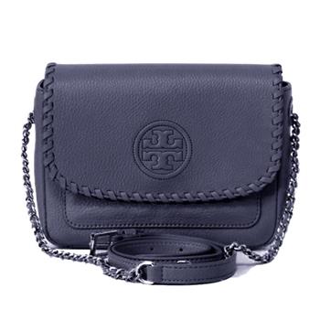 TORY BURCH 素面皮革翻蓋斜背包－深藍