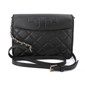 Tory burch 菱格紋皮革翻蓋斜背包－黑