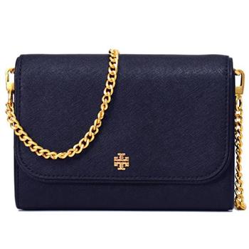 Tory burch 防刮皮革翻蓋斜背鍊包－深藍