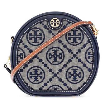 TORY BURCH 滿版logo拼接皮革斜背包－深藍