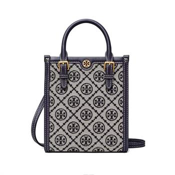 TORY BURCH 緹花拼接皮革滿版LOGO兩用包-深藍