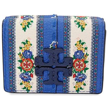 TORY BURCH 花卉印花皮革三折短夾－藍色