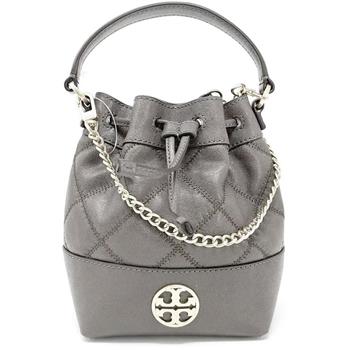 TORY BURCH 拼接皮革素面兩用水桶包－岩石灰