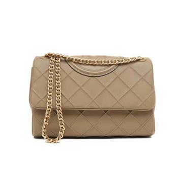 TORY BURCH 縫線皮革翻蓋斜背鍊包－卡其