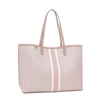 TORY BURCH 雙TLOGO條紋托特包-米白粉邊