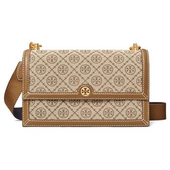 TORY BURCH 緹花拼接皮革斜背包－卡駝