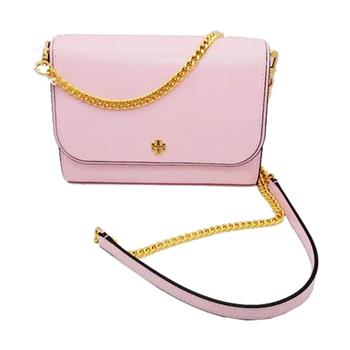 Tory burch 素面皮革翻蓋斜背鏈包－淺粉