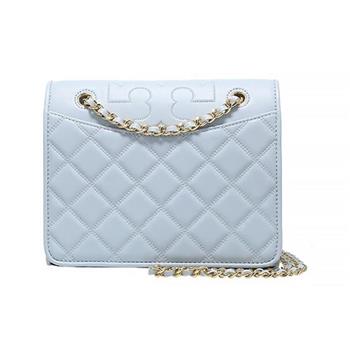 Tory burch 菱格紋縫線皮革斜背鏈包－淺藍