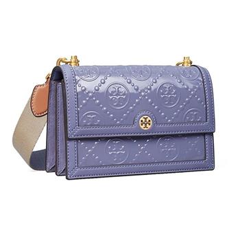 Tory burch 滿版LOGO拼接皮革翻蓋斜背包－淺紫