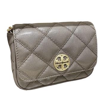 TORY BURCH 翻蓋菱格紋皮革斜背包－岩灰