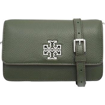 TORY BURCH 雙T LOGO翻蓋皮革斜背鍊包－墨錄