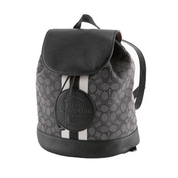 COACH 滿版LOGO皮革後背包-黑灰