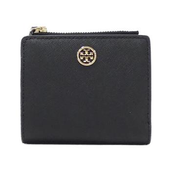 TORY BURCH 雙T-LOGO皮革拉鍊短夾-黑