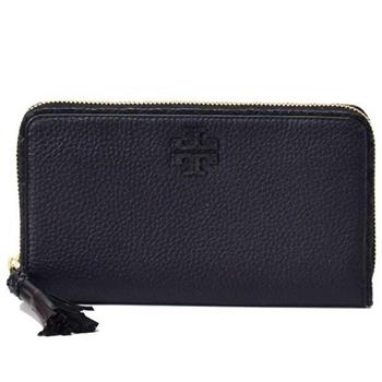 TORY BURCH 編織飾邊皮革拉鍊長夾－黑