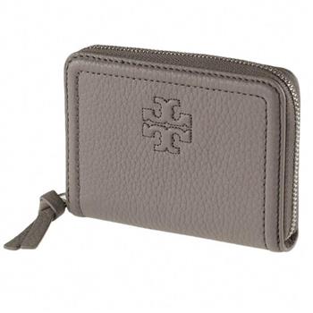 Tory Burch 素面皮革拉鍊短夾－淺灰