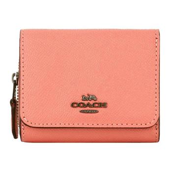 COACH 馬車LOGO素面皮革零錢短夾-粉桔