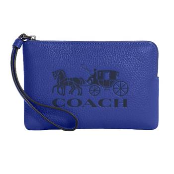COACH 馬車壓印皮革拉鍊手拿包-藍色