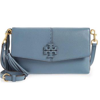 Tory Burch 素面皮革流蘇斜背包－淺藍