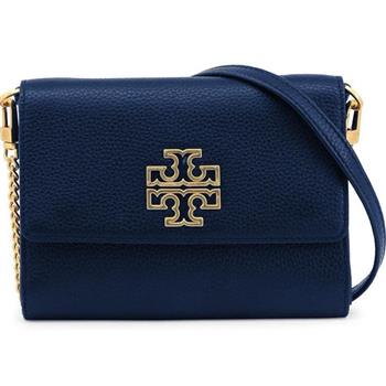 TORY BURCH 雙T－LOGO翻蓋皮革斜背包－深藍