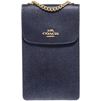 COACH 素面皮革斜背手機包-深藍
