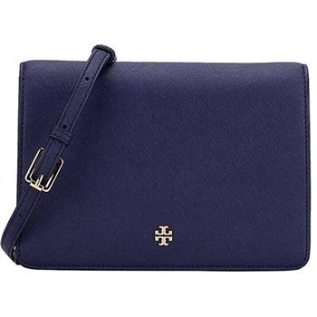 TORY BURCH 雙TLOGO皮革翻蓋斜背包－深藍