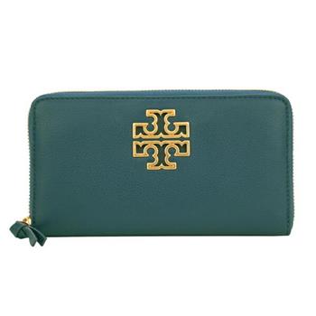 TORY BURCH 雙T－LOGO皮革拉鍊長夾－深綠