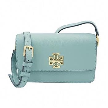 TORY BURCH 雙T LOGO翻蓋皮革斜背鍊包－湖水藍