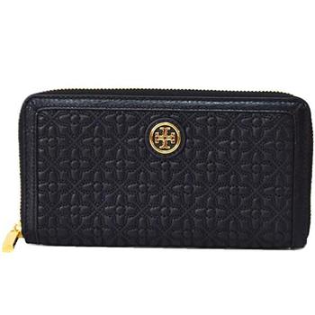 Tory burch 圖騰車線拉鍊皮革長夾－黑色