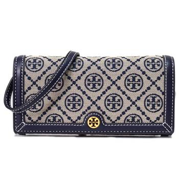 Tory burch 緹花拼接皮革翻蓋斜背包－ 深藍