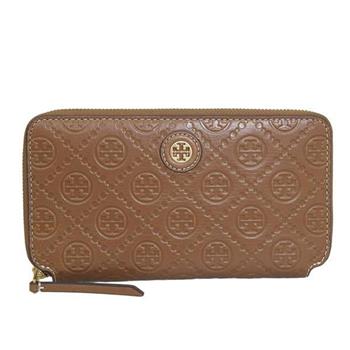 TORY BURCH 滿版LOGO皮革拉鍊長夾－焦糖