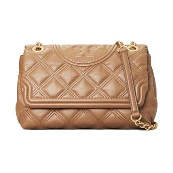 TORY BURCH 菱格紋皮革翻蓋斜背包－駝