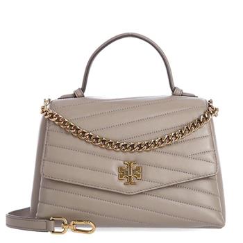 TORY BURCH 縫衍紋皮革翻蓋斜背包－灰褐色
