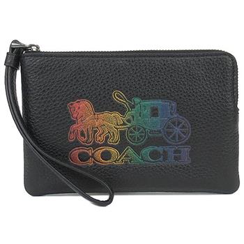 COACH 馬車LOGO皮革拉鍊手拿包-黑