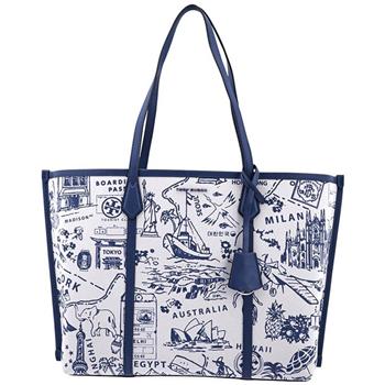 TORY BURCH 地圖印花帆布托特包－深藍白