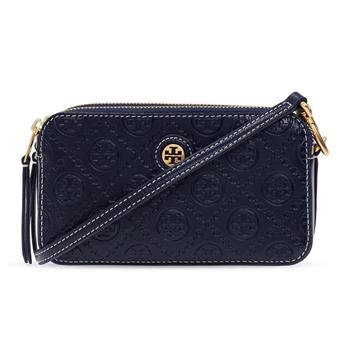 Tory Burch 滿版LOGO雙拉鏈皮革斜背包－午夜藍