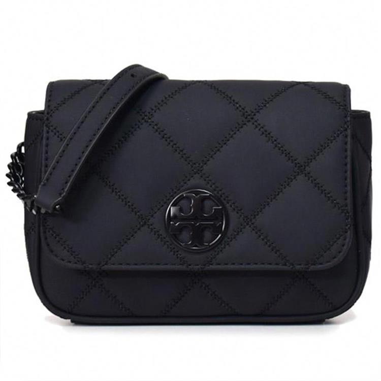 Tory Burch 格菱紋皮革翻蓋斜背包-霧黑