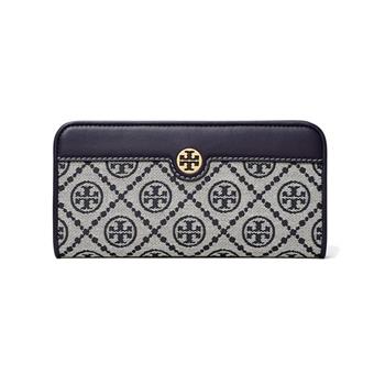 TORY BURCH 雙T－LOGO提花拼接皮革拉鍊長夾－深藍