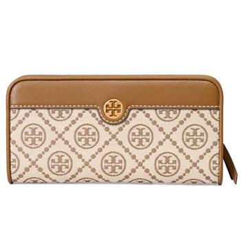 TORY BURCH 雙T－LOGO提花拼接皮革拉鍊長夾－卡其駝