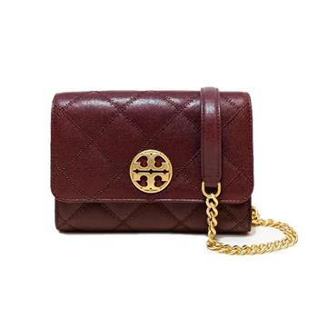 TORY BURCH 菱格皮革翻蓋斜背包－酒紅