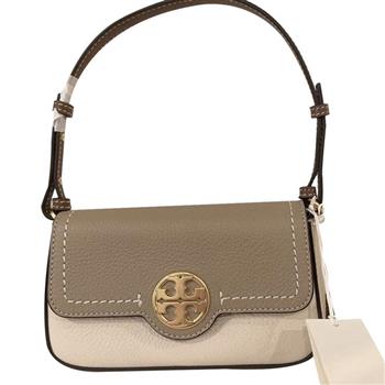 TORY BURCH 拼接皮革翻蓋斜背包－奶茶撞色白
