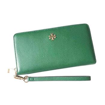 TORY BURCH 素面皮革拉鍊長夾－祖母綠