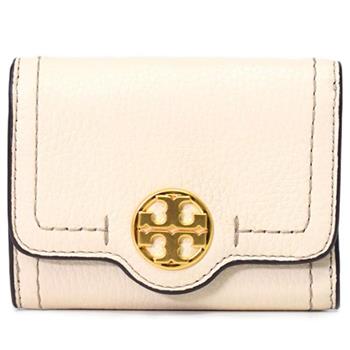 Tory burch 雙T-LOGO皮革短夾-米白色