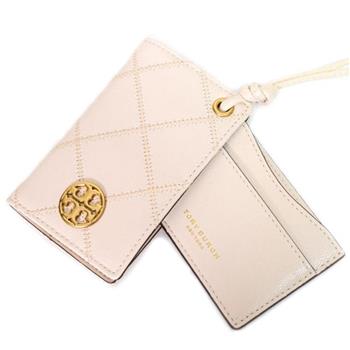 Tory burch 素面皮革掛繩證件夾－米白色