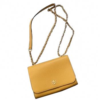 TORY BURCH 素面皮革翻蓋斜背包－駝